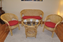 Ratanová sedací souprava Kina velká kulatý stolek, polstry vínový melír